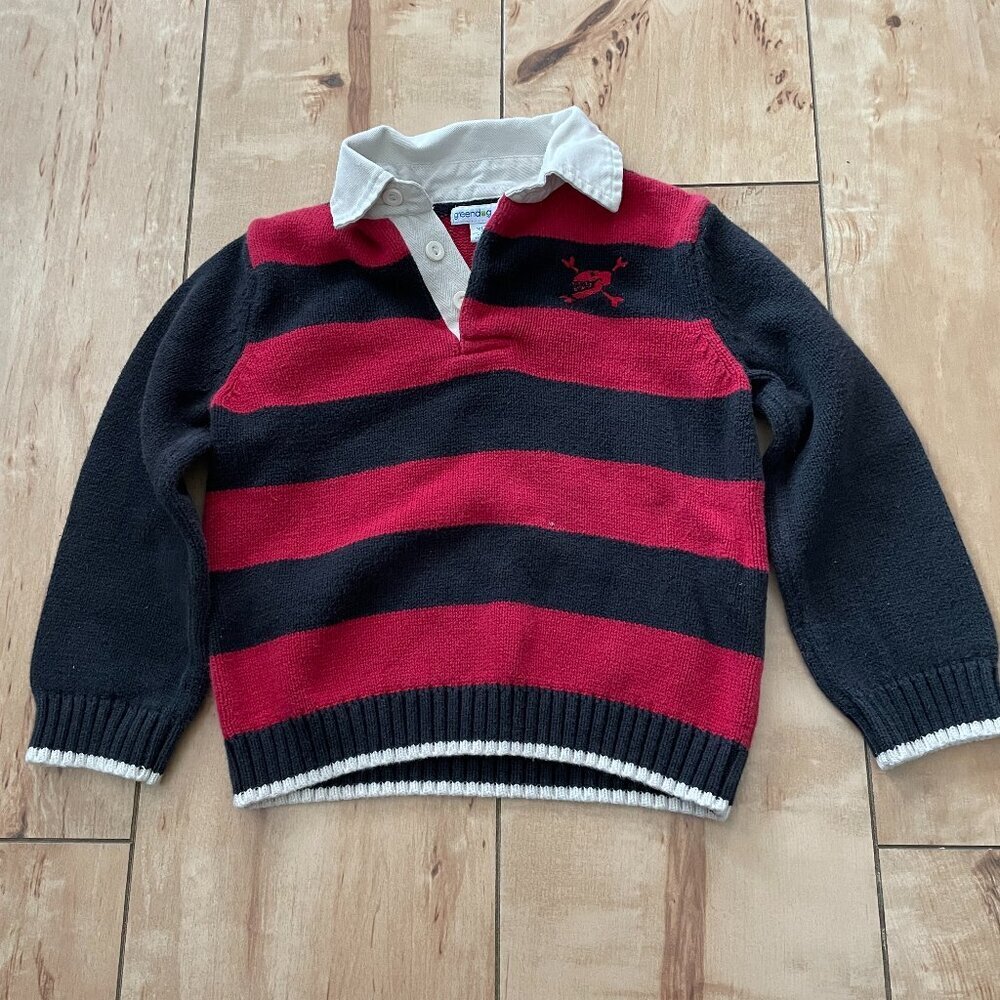 Greendog boys collared red‎ and blue striped sweater with dinosaur embroidery 3T
